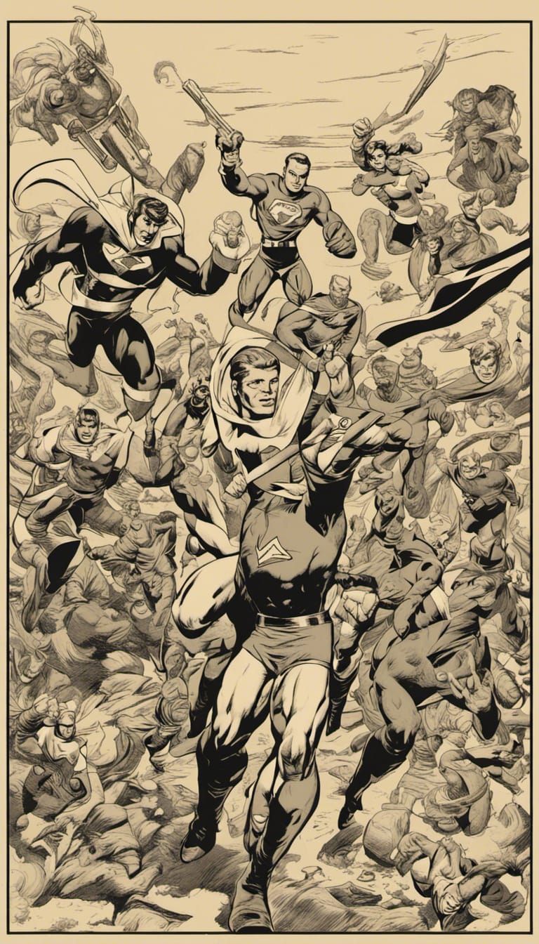 Golden Age Superheroes Team in Retro Jack Kirby Style