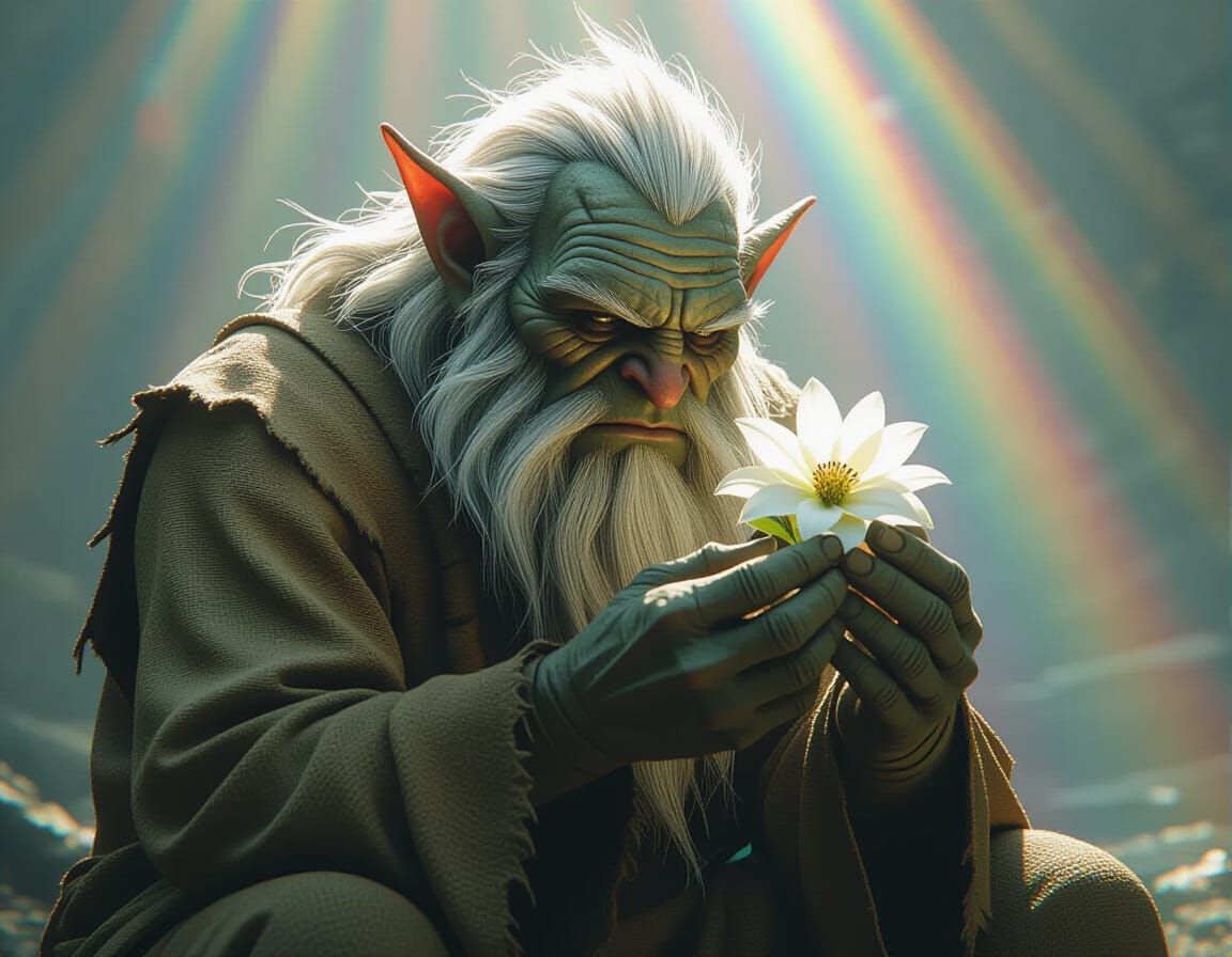 Sorrowful Troll Cradling Flower in Ethereal Light