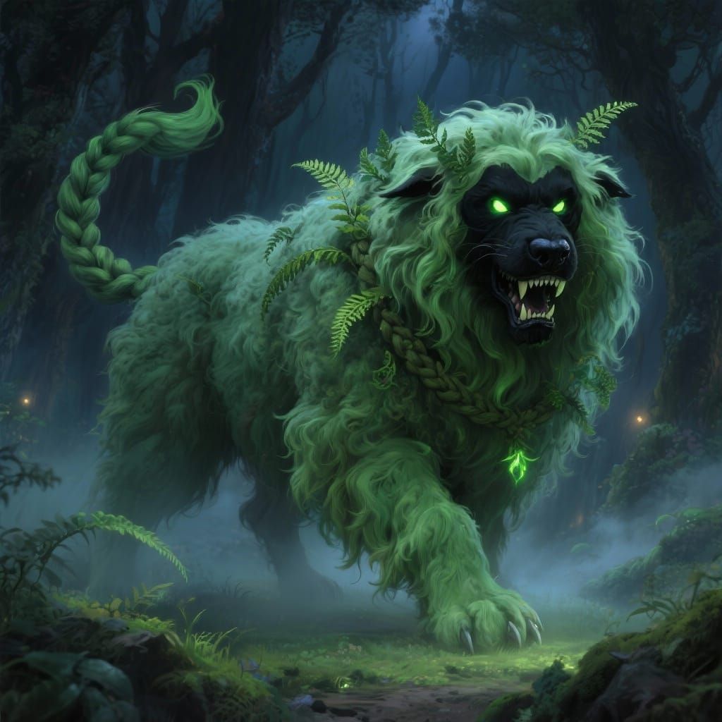 Giant Green Shaggy Dog with Ferns in Mystical Forest