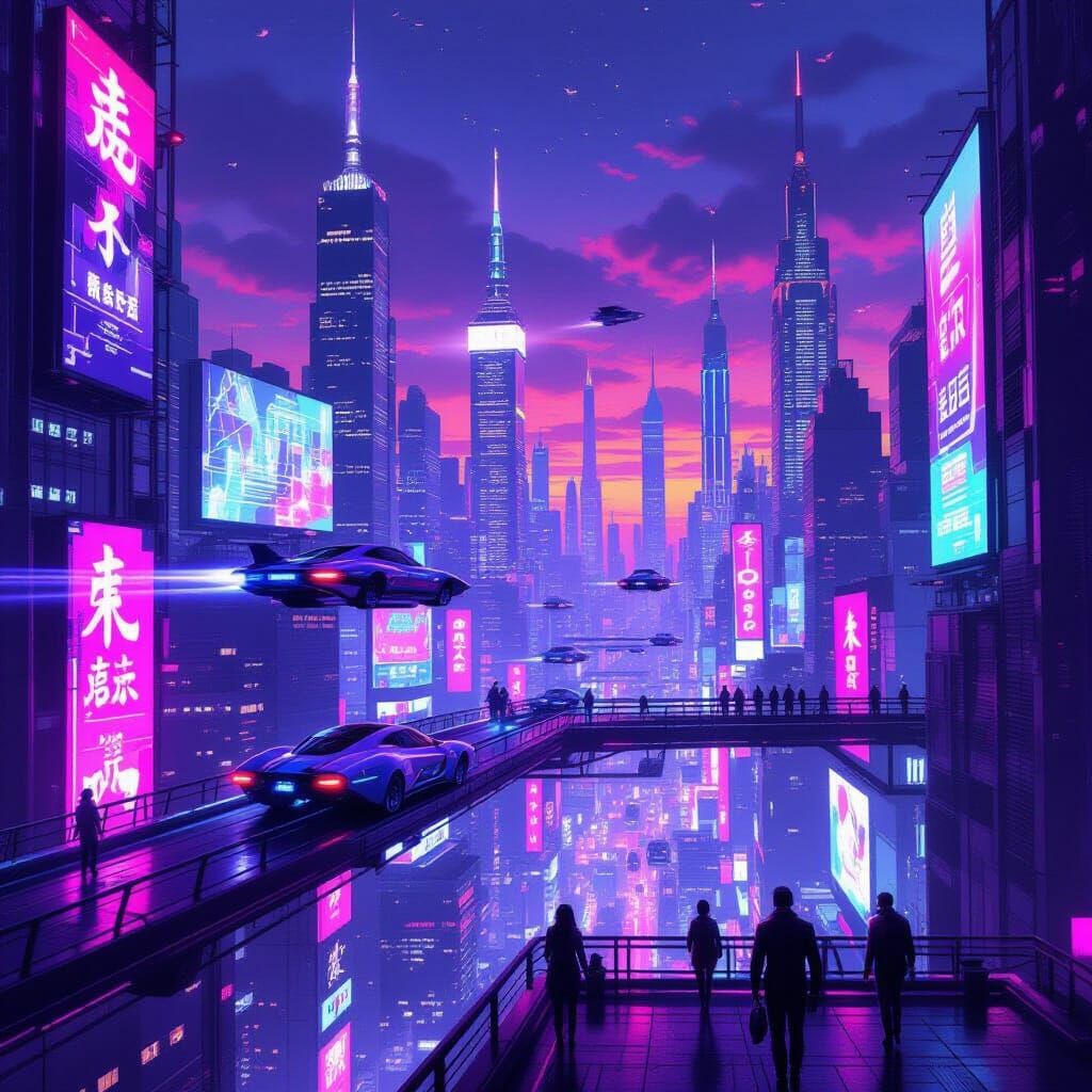 Retro-Futuristic Cityscape with Flying Cars and Neon Lights