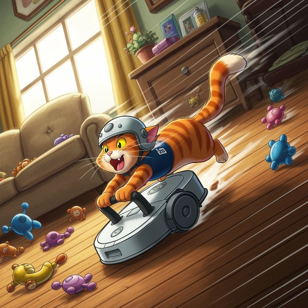 Tabby Cat Races on Roomba in Chaotic Living Room