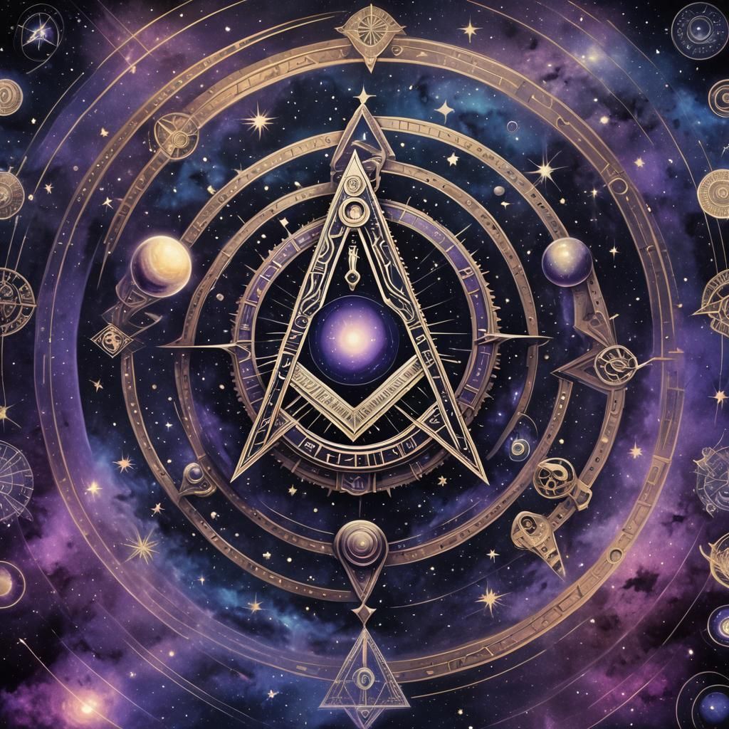Masonic Symbols in Starry Sky: Surreal Digital Art