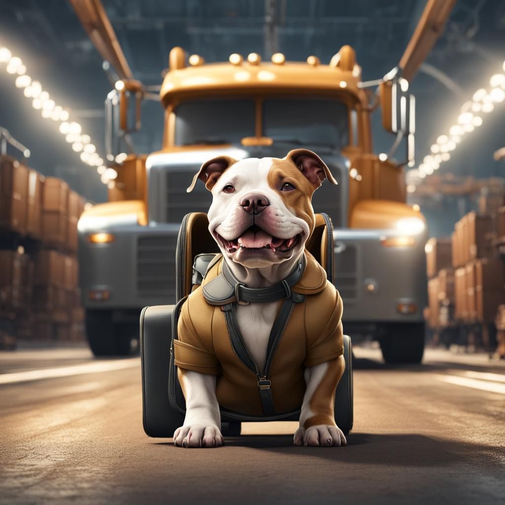 Happy Pitbull Puppy Driving a Semi Truck