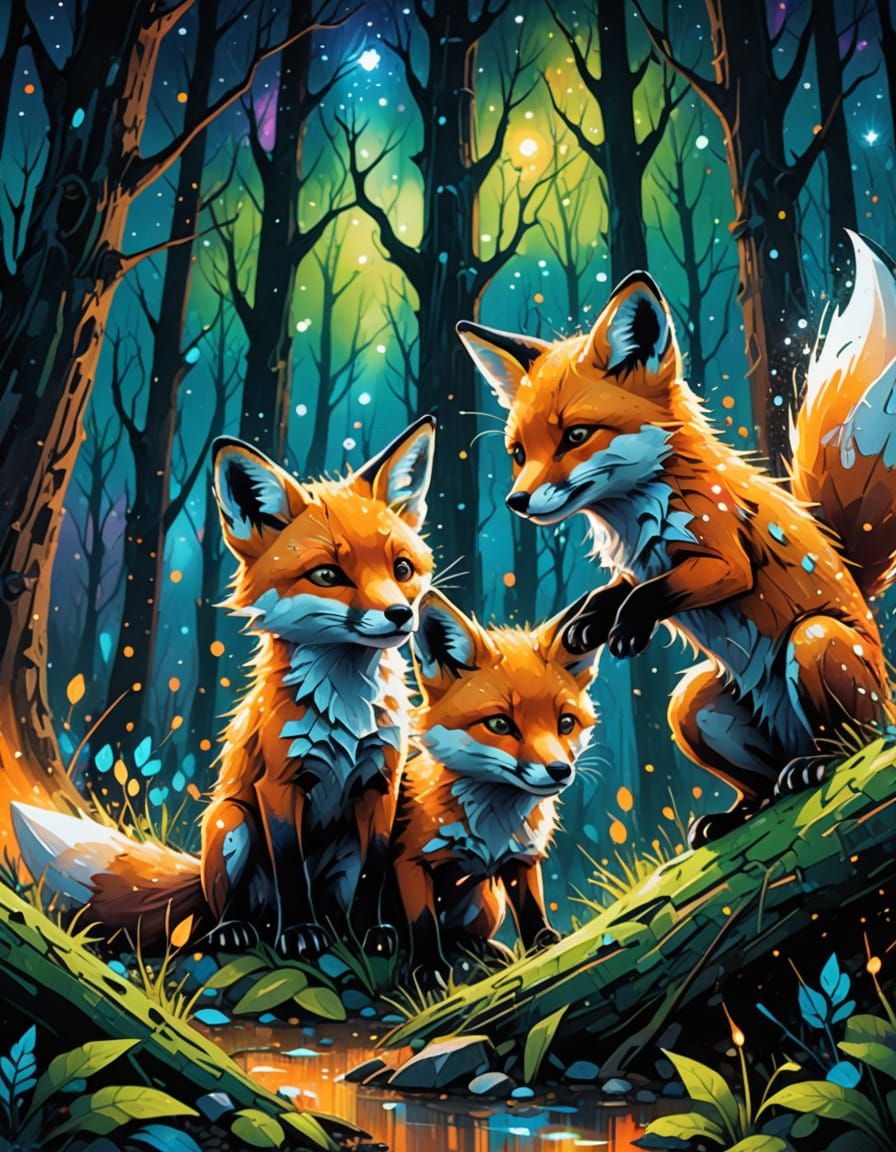 Fox Cubs Play in Magical Graffiti Forest