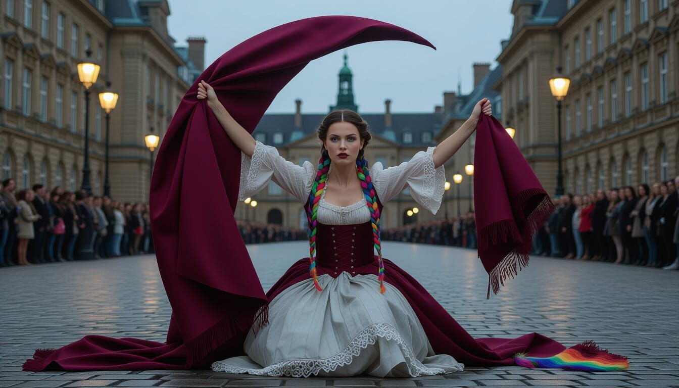 Woman Tearing Down Burgundy Fabric in 19th Century Square
