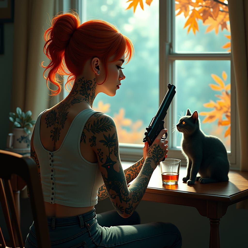 Redhead with Gun, Cat, and Autumn View