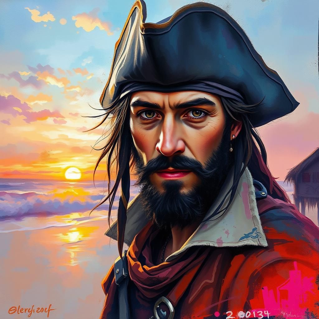 Mystical Pirate Portrait at Sunset as Impasto Painting