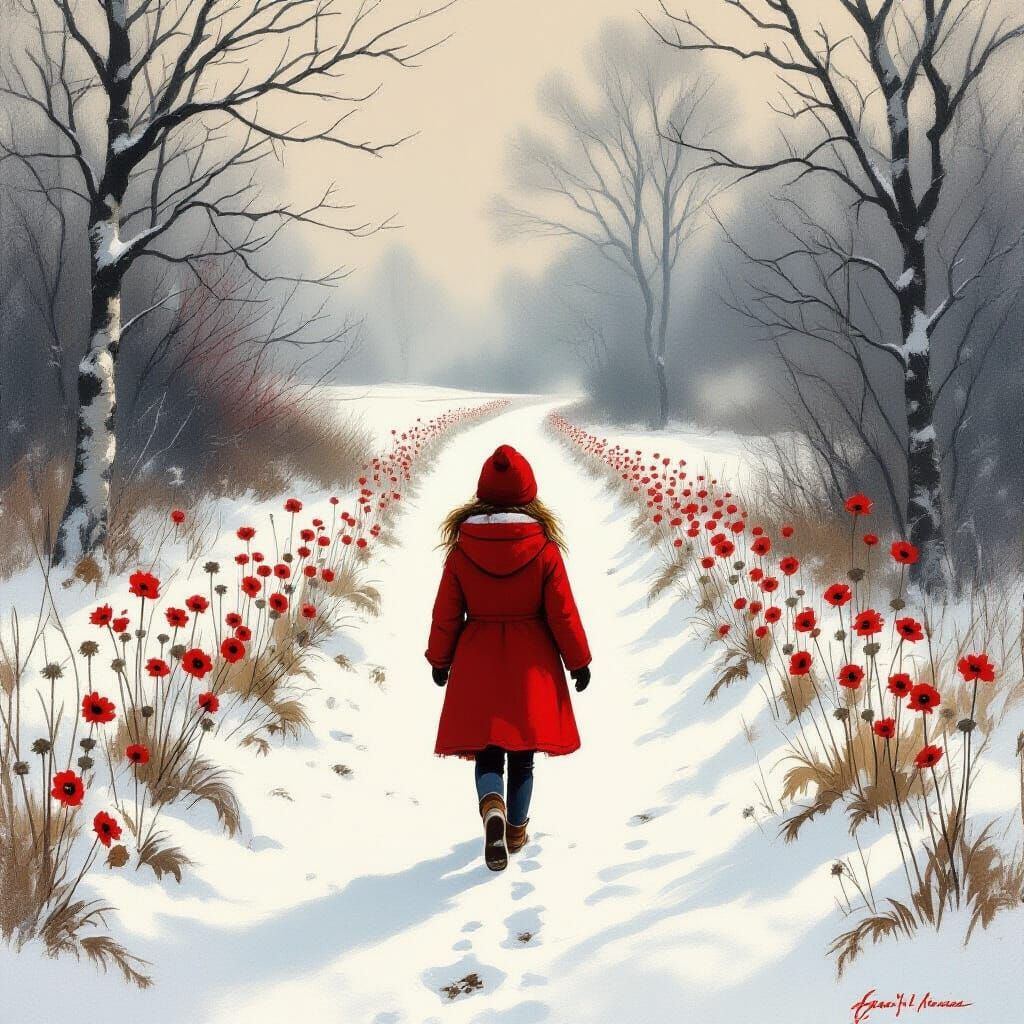 Girl Walks Through Stark Winter Path With Wilting Flowers
