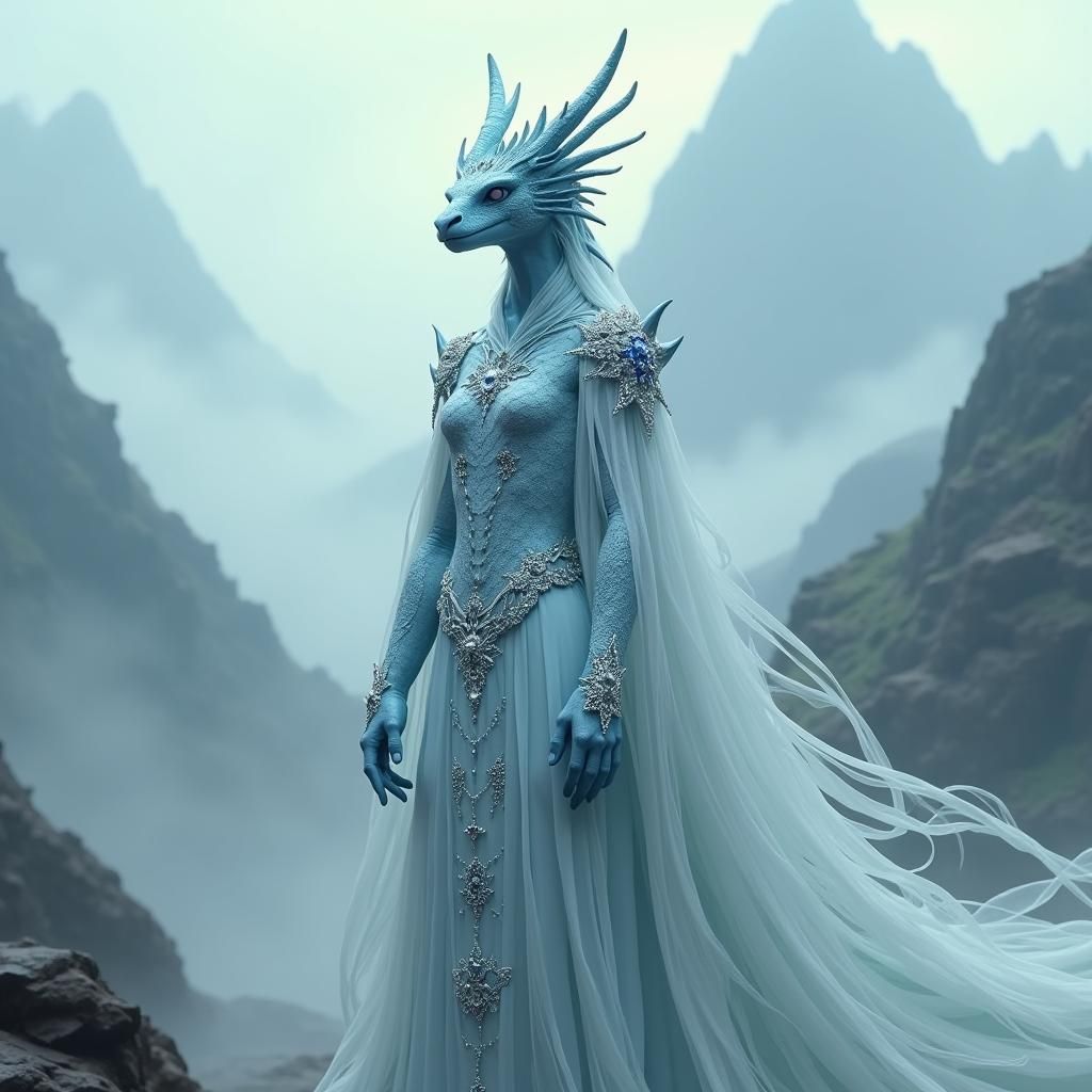 Serene Blue Dragon Person in Mystical Landscape