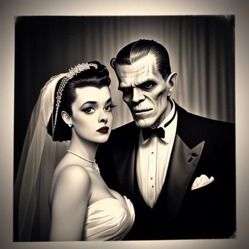 Vintage 1950s Prom Photo of Frankenstein's Monster and Bride