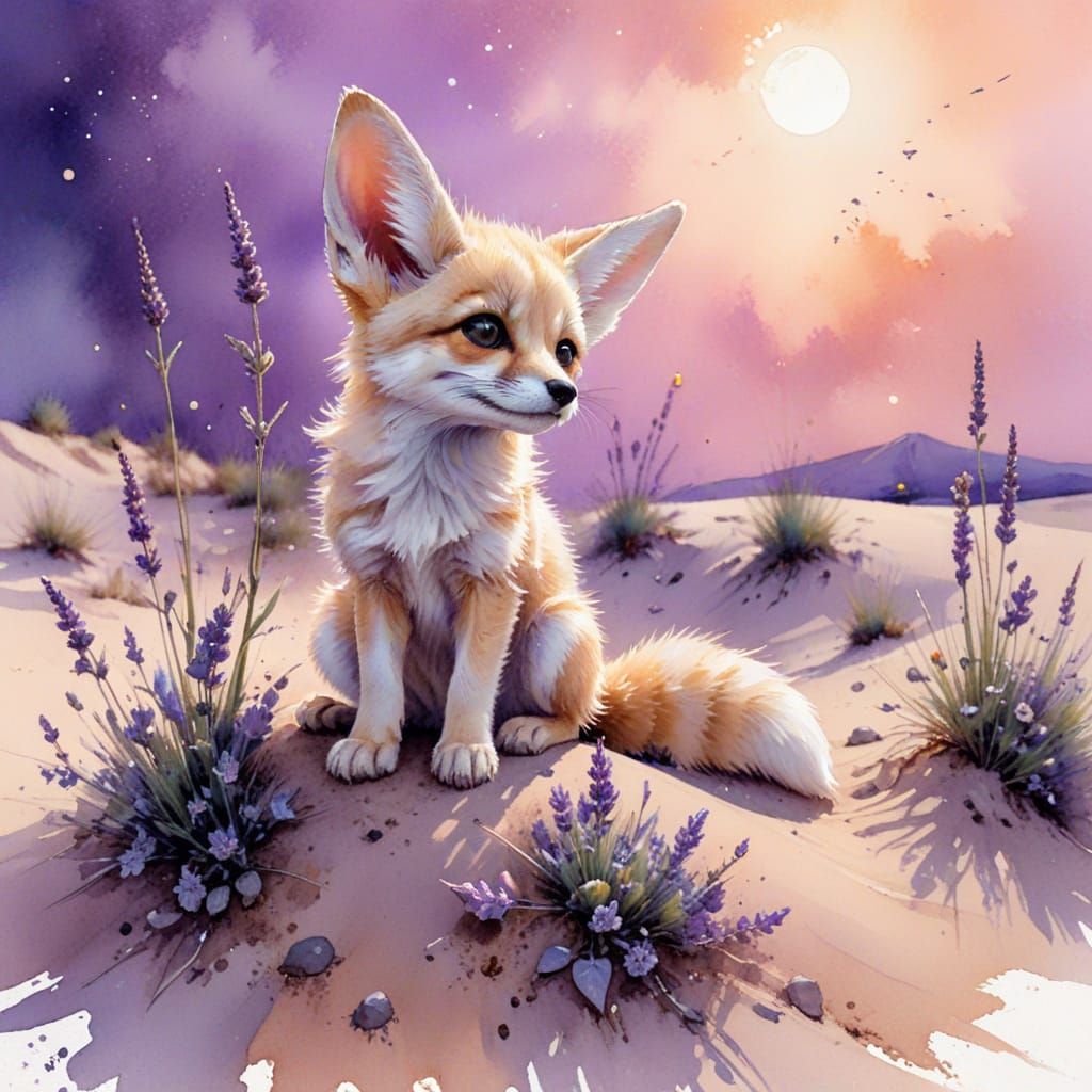 Kawaii Fennec Fox on Moonlit Dune with Fireflies