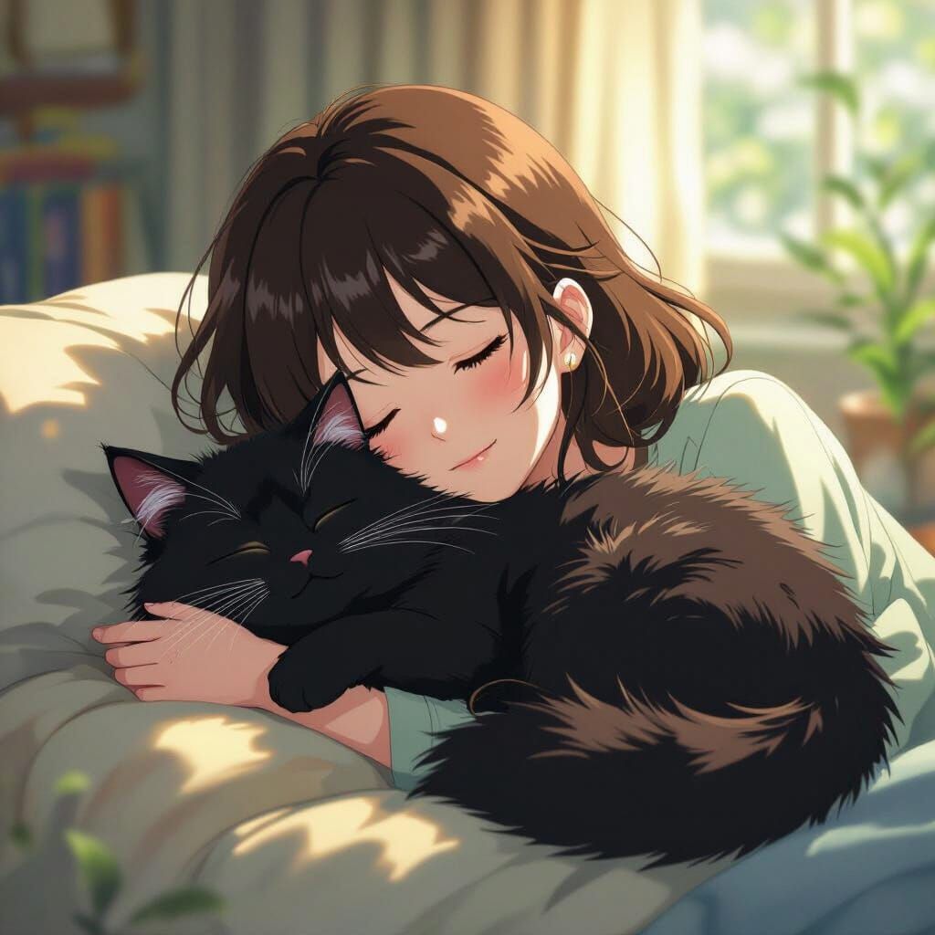 Fluffy Black Cat Sleeps Peacefully on Girl's Lap