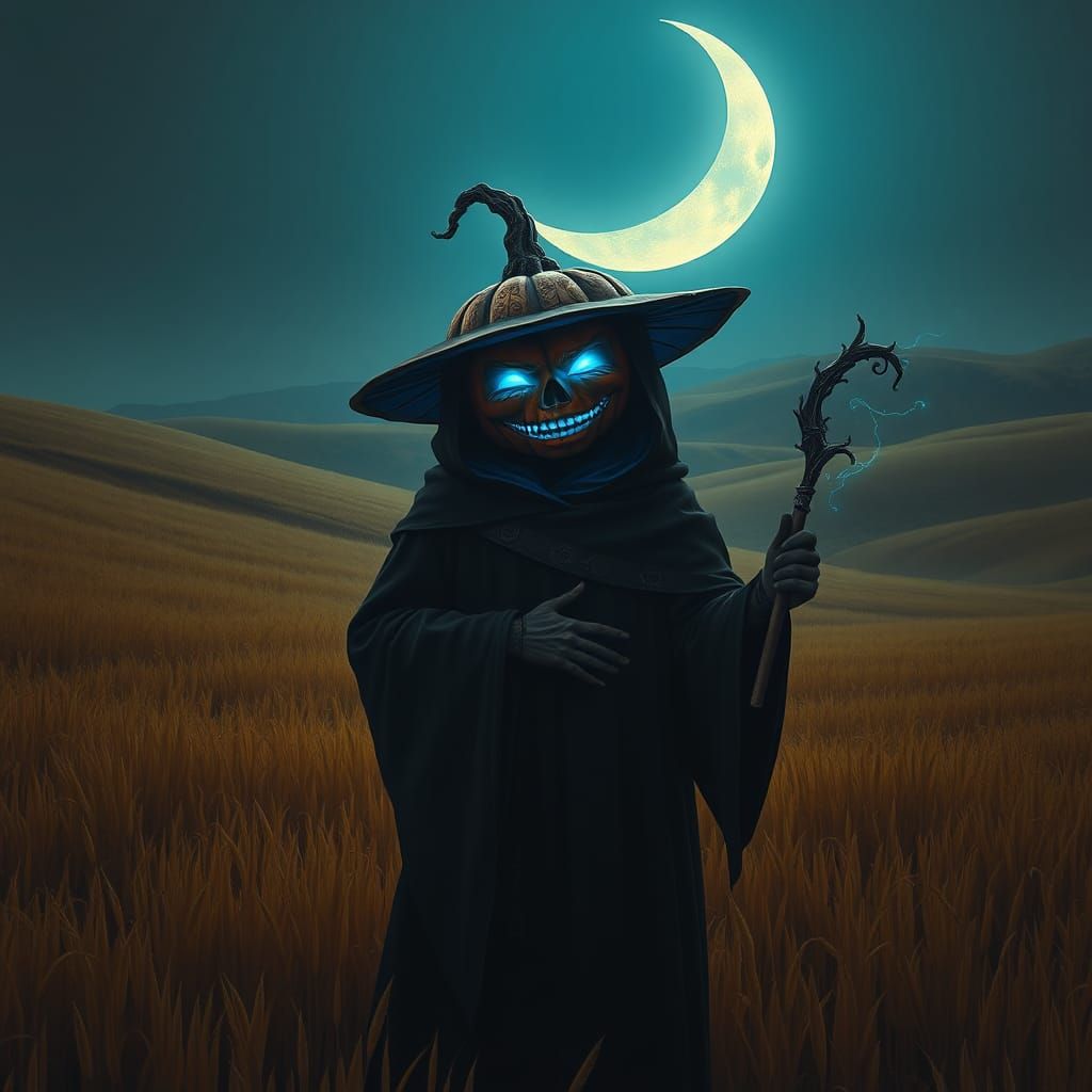 Pumpkin-Headed Figure in Mystical Field at Night