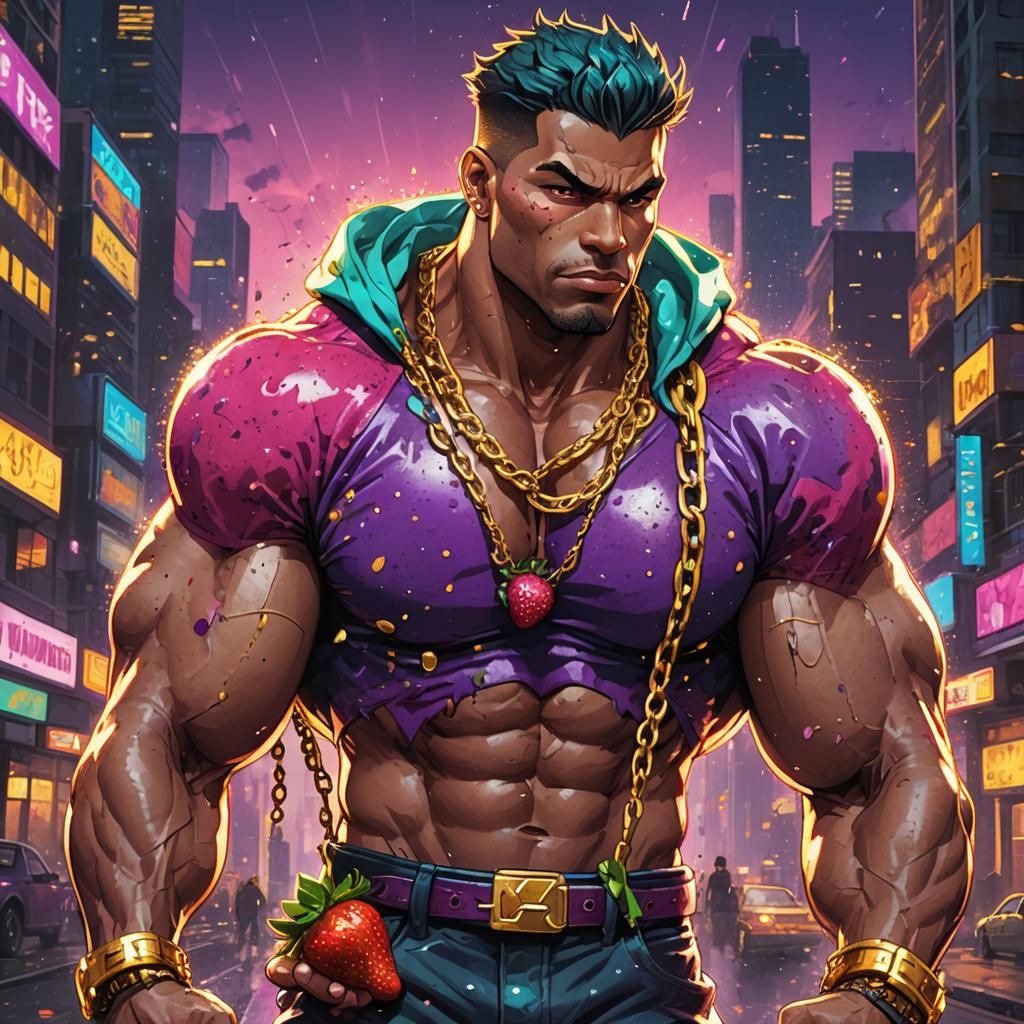 Muscular Strawberry Gangster in Marvel Anime Style
