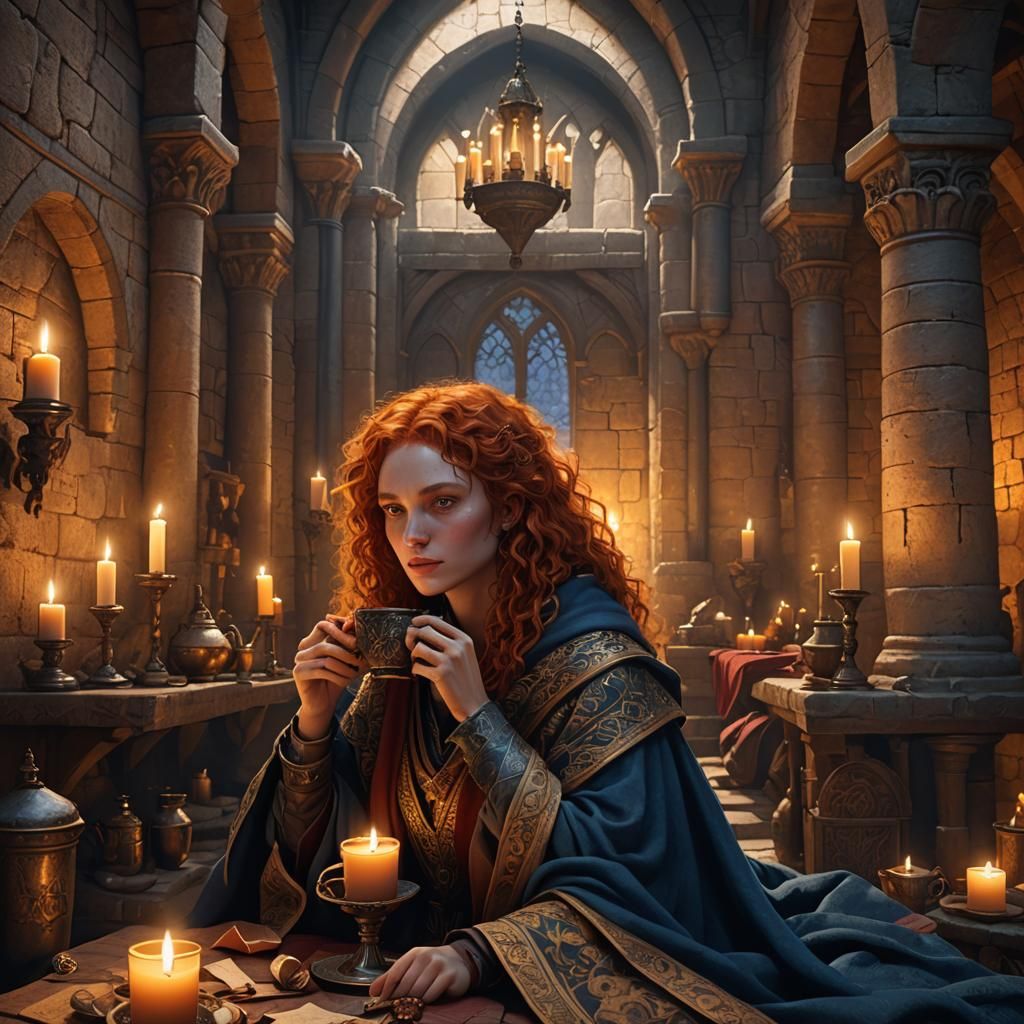 Redhead Girl Drinking Tea in Medieval Chamber