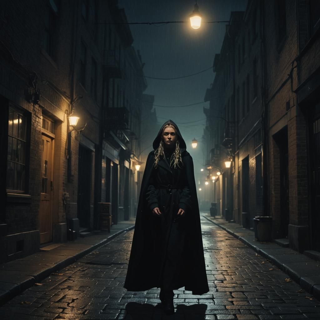 Woman in Hooded Coat Walking City Sidewalk at Night