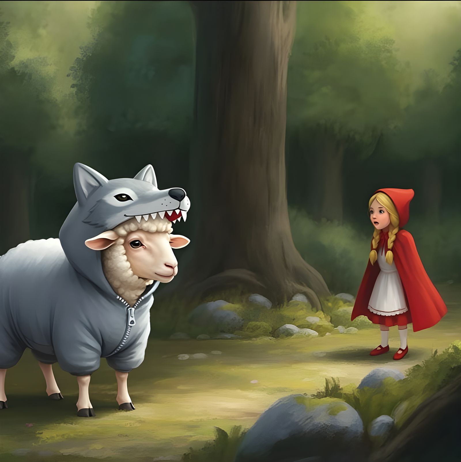 Comical Sheep in Wolf Costume Illustration