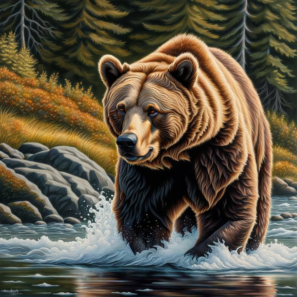 Kodiak Brown Bear Fishing: Hyperrealistic Pencil Art