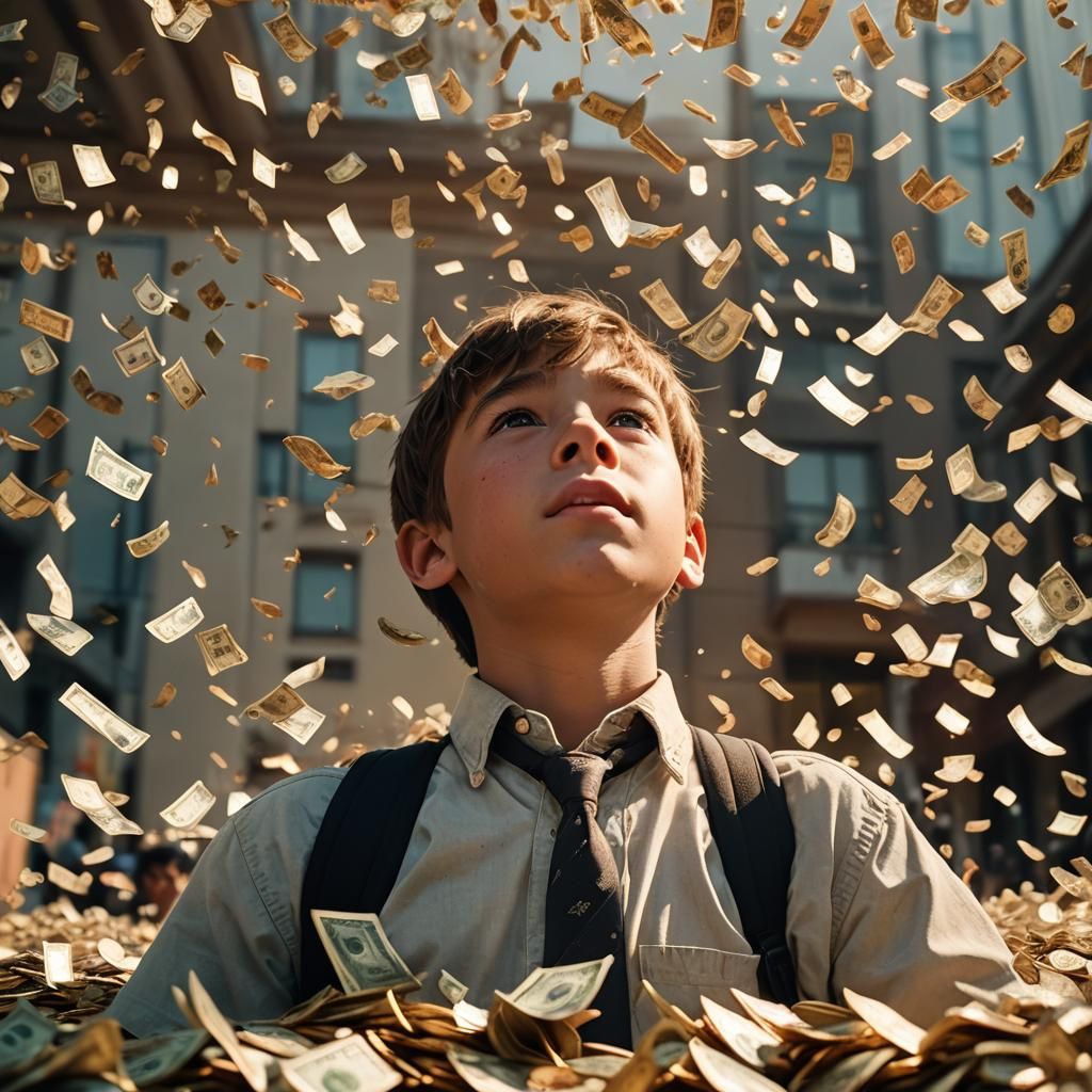 Boy Surrounded by Falling Money: Cinematic Film Still