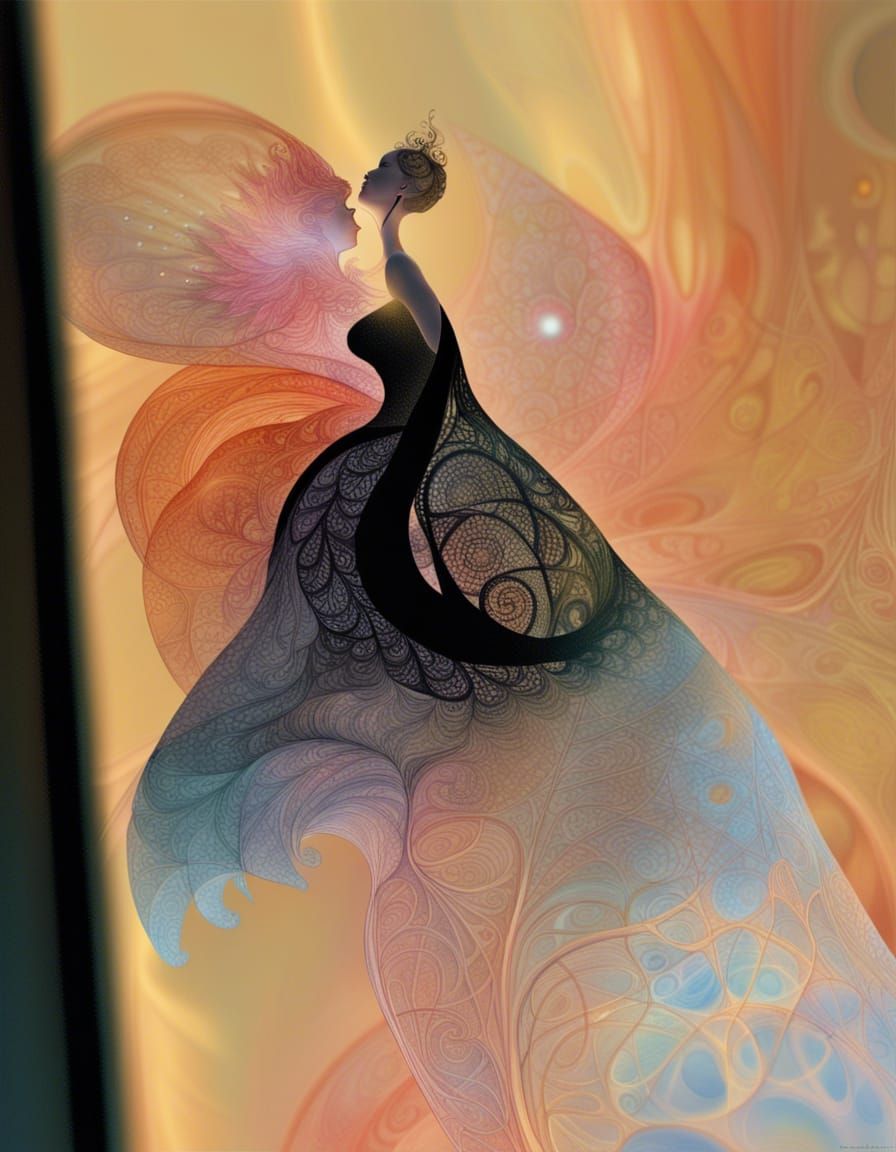 Crystal Fractal Forest: Pregnant Girl in Suminagashi Style