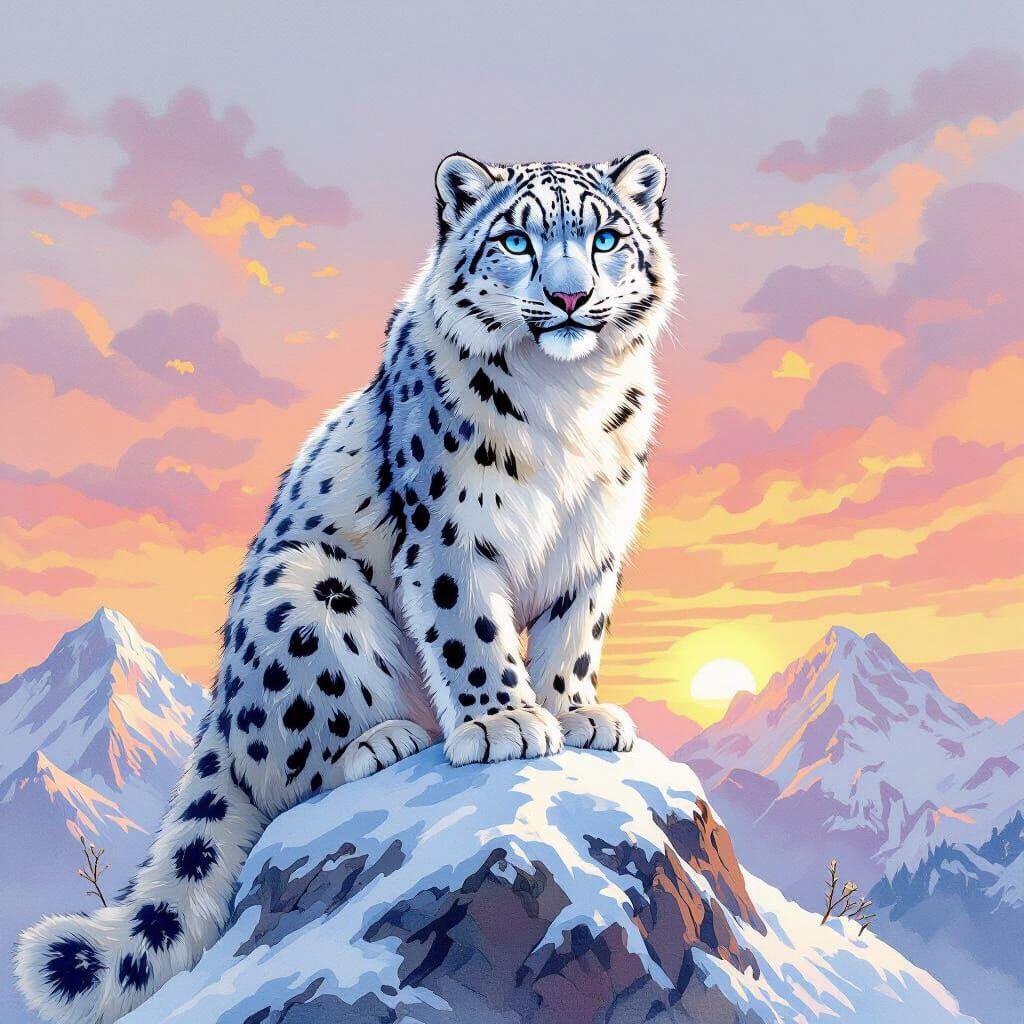 Snow Leopard on Mountain in Whimsical Style