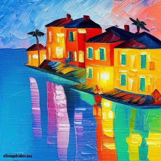 Seaside Village at Night: An Expressionist Oil Painting