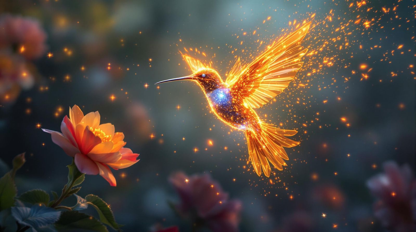 Fiery Hummingbird in Flight: Hyperrealistic Ember Trails