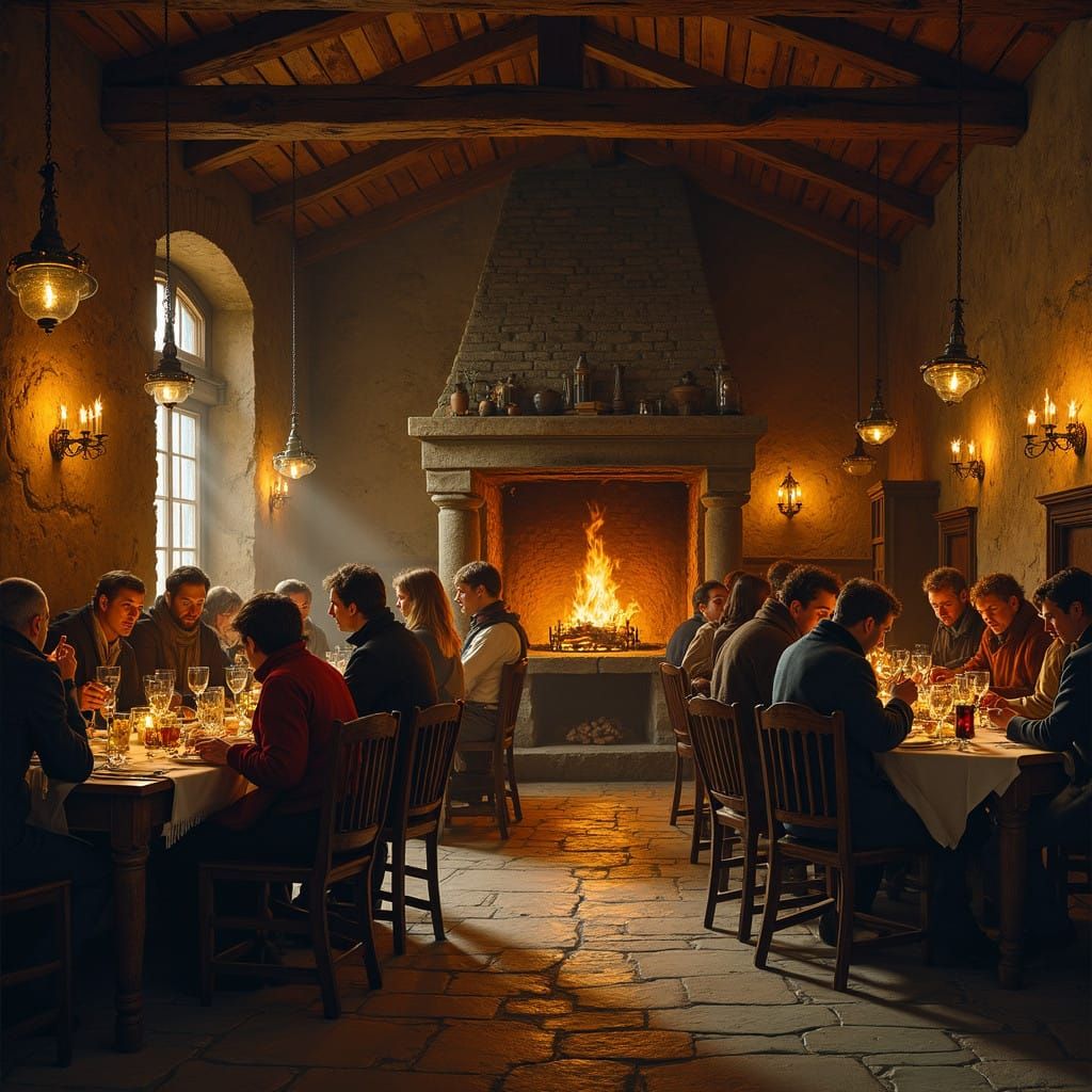 Vibrant Medieval Tavern Scene in Earthy Old Master Style