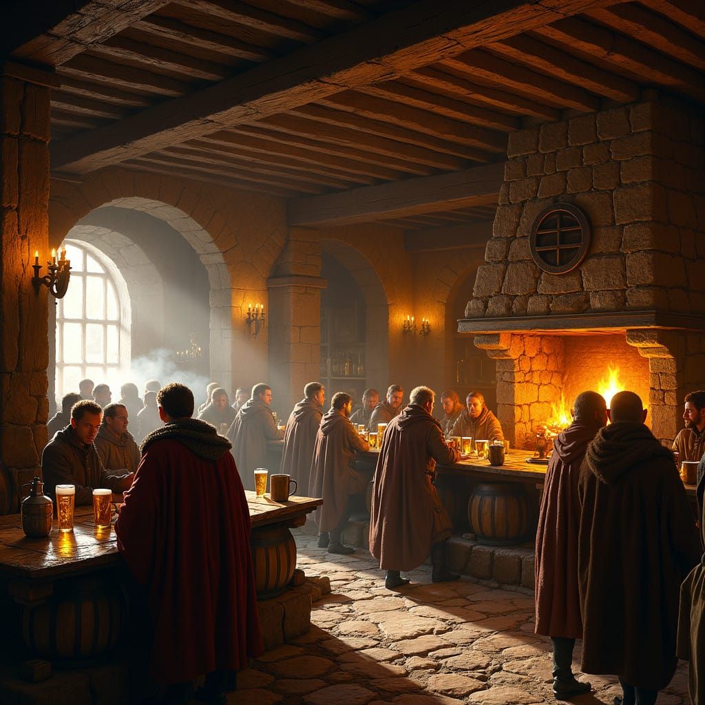 Medieval Tavern Scene in Warm Golden Light