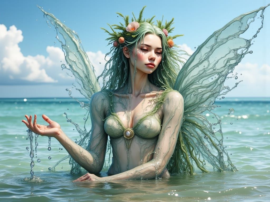 Ocean Water Fairy with Seashells and Seaweed