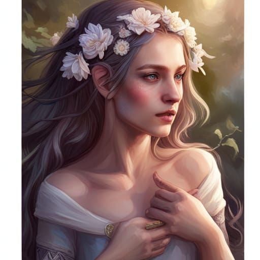 Elven Princess in Victorian Garden, Art Nouveau Portrait