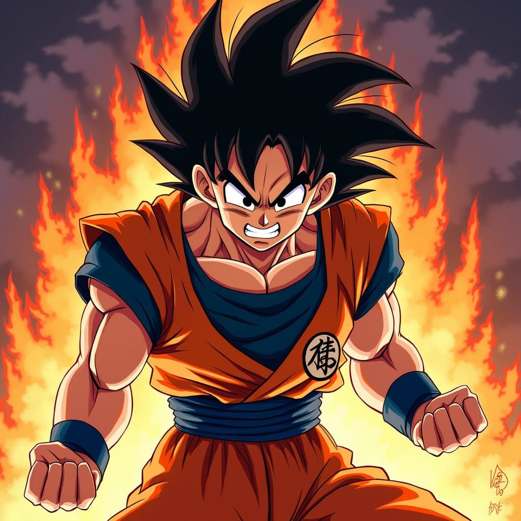 Fierce Goku in Dramatic Stormy Skies