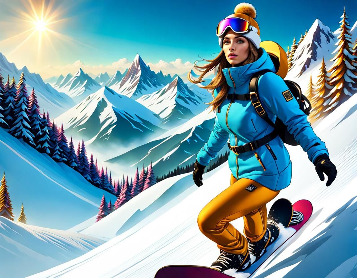 Snowboarding Girl Winterscape: Detailed Matte Painting