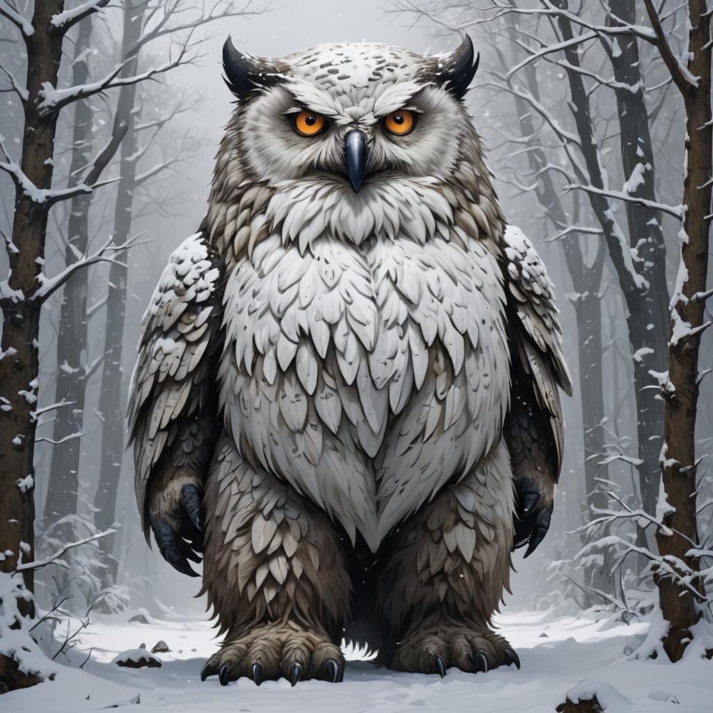 Imposing Snow Owlbear with a Fierce Gaze