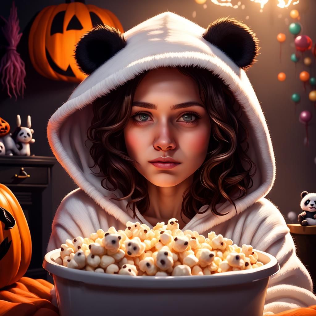Girl in Panda Hoodie Watching Movie: Hyperrealistic Art