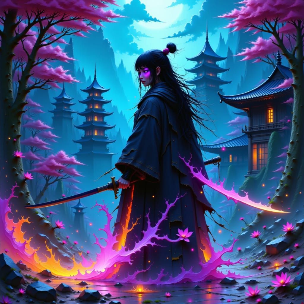 Spectral Samurai Guarding Haunted Pagoda in Dark Fantasy Sty...