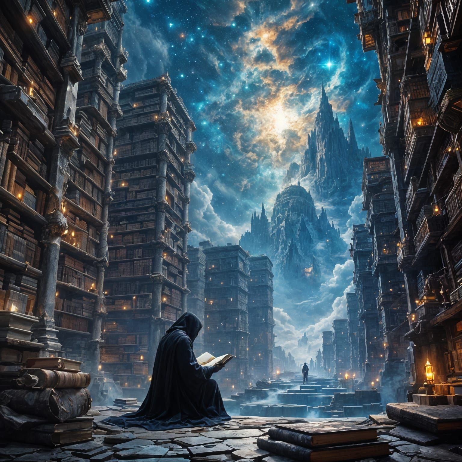 Celestial Library Vista in Hyperrealistic Style