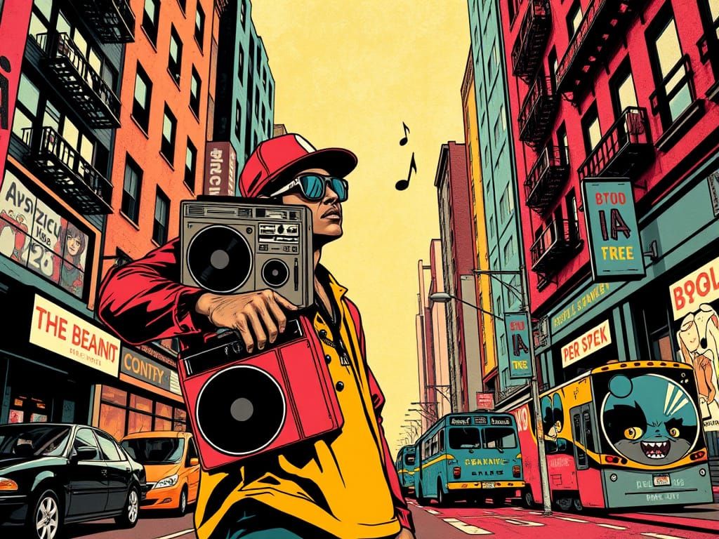 Person with Ghetto Blaster in Basquiat-Haring-Murakami Style