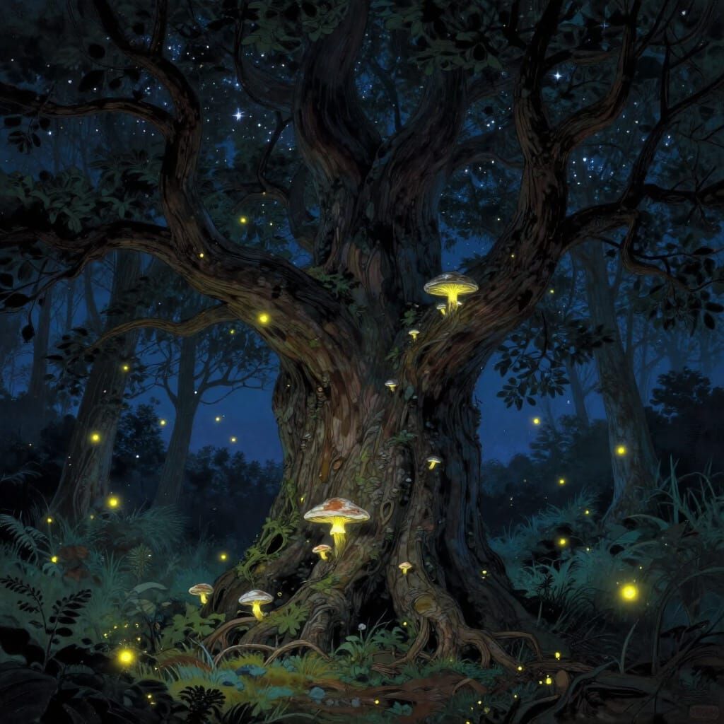 Ancient Tree Under Starry Night Sky with Glowing Fungi