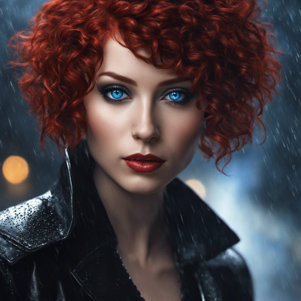 Gothic Woman Portrait with Red Hair in Rain