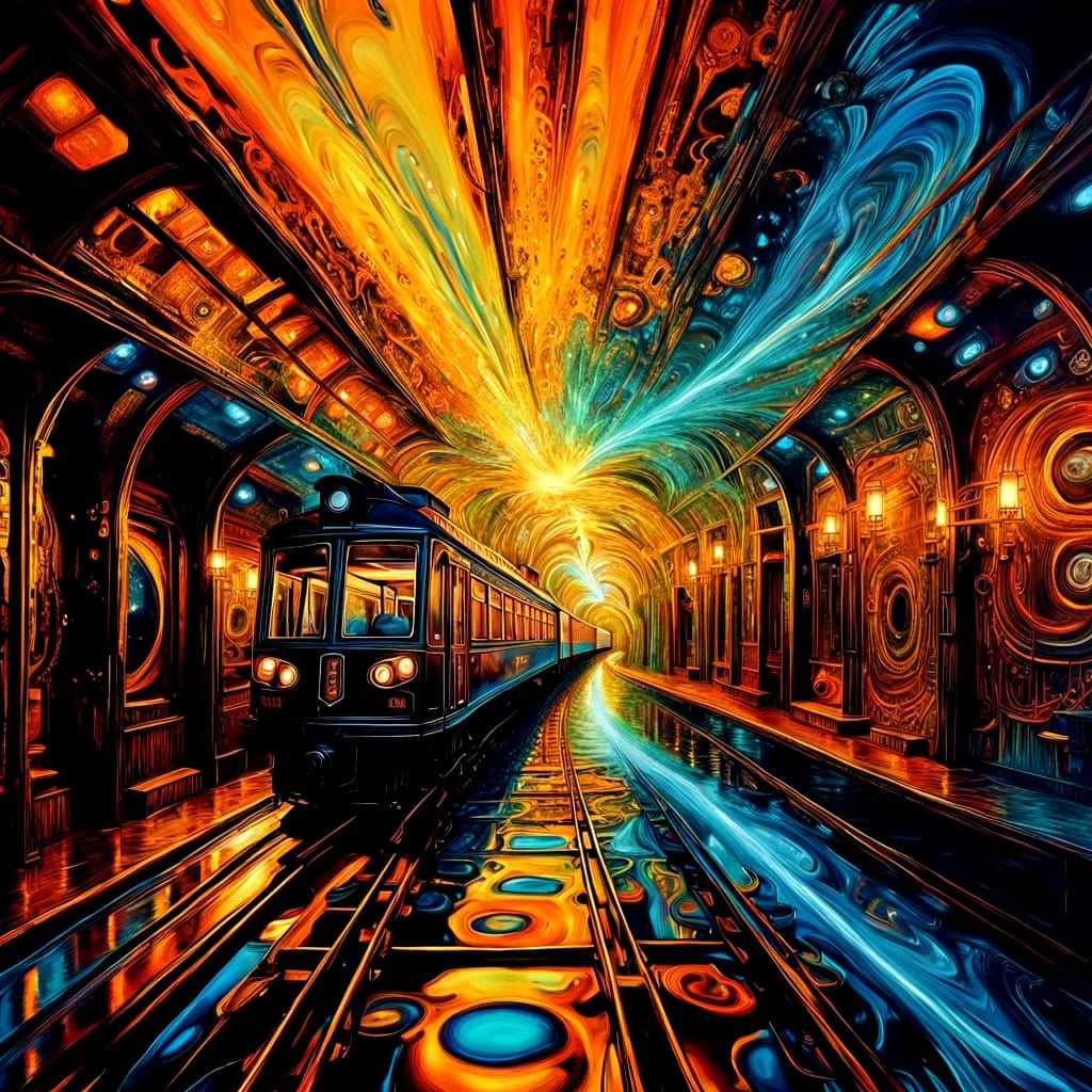 Steampunk Train Speeding Through Light Vortexes