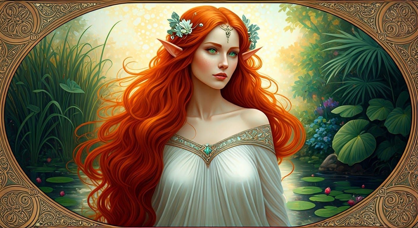 Red-Haired Elf in Psychedelic Delft Blue Art Nouveau