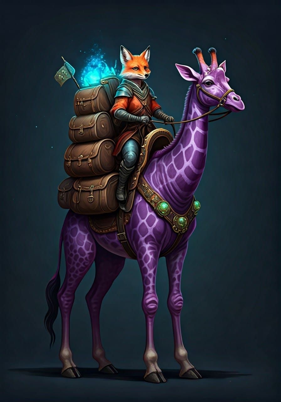 Fantasy Fox Merchant Rides a Purple Giraffe