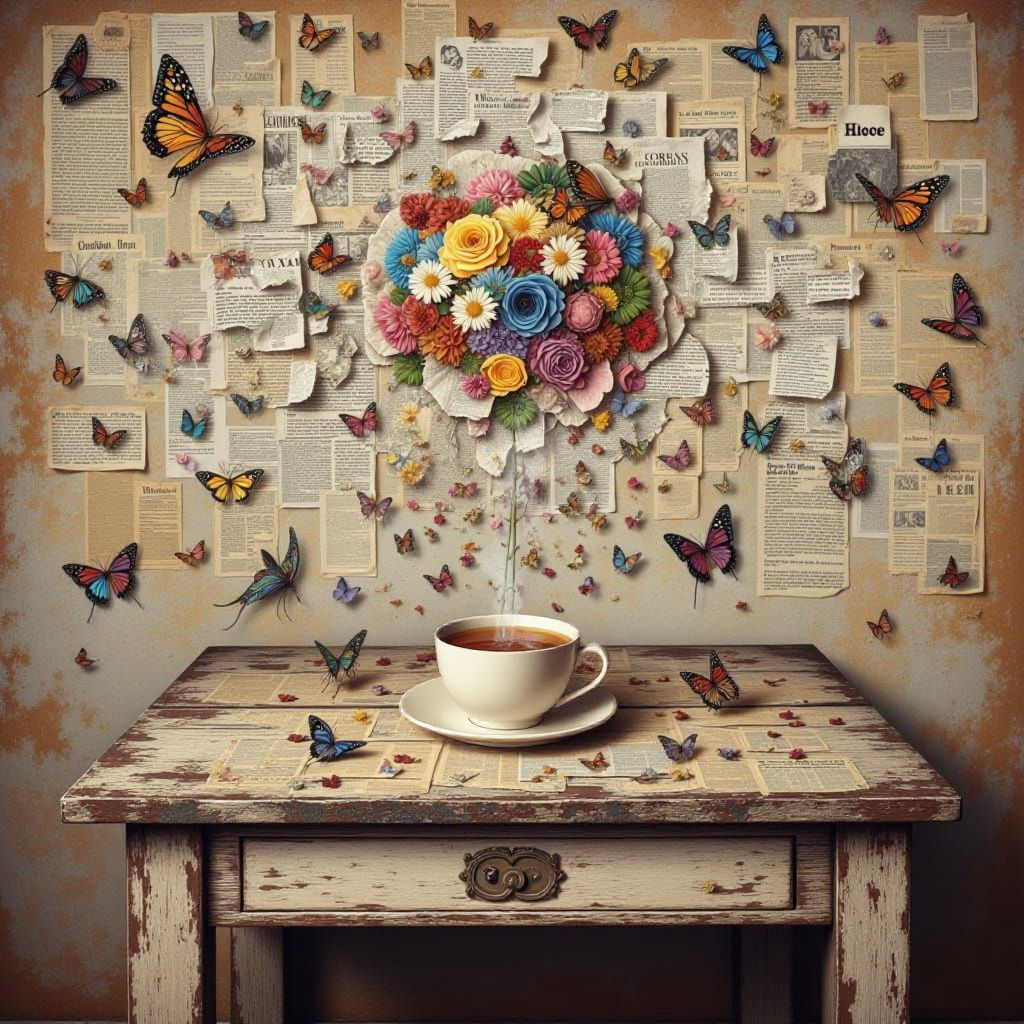 Mixed Media Teacup Art with Newspaper Texture