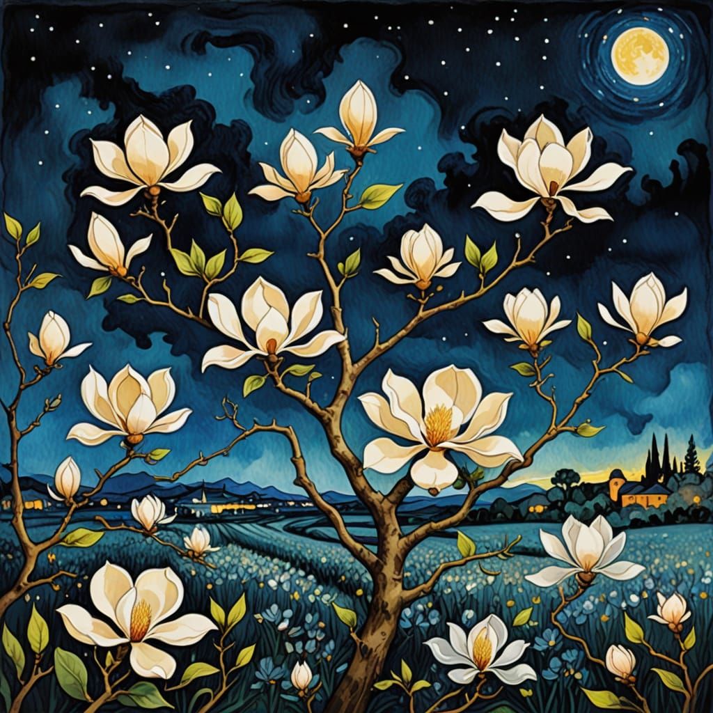 (blooming magnolia tree in field of flowers at night:1.8), combining the artistic brilliance of Vincent Van Gogh and Sal...