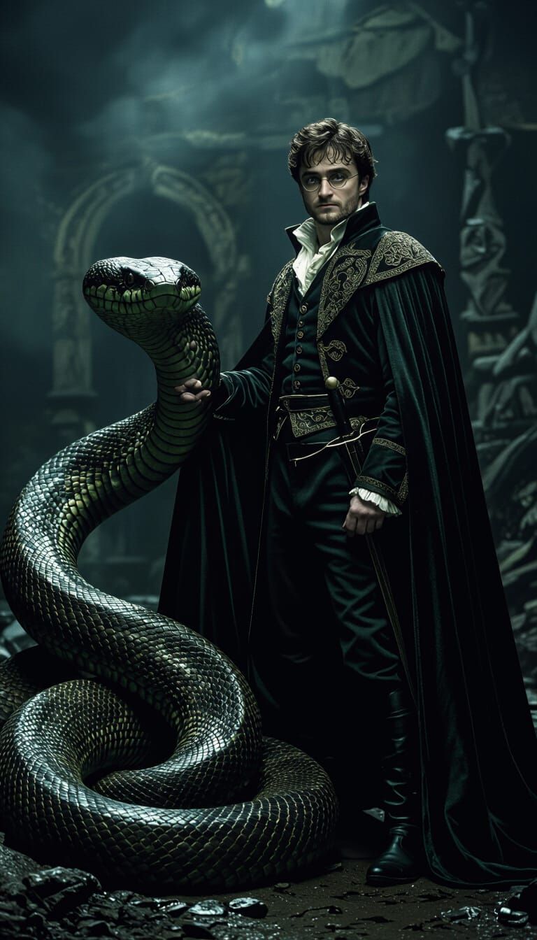 Daniel Radcliffe and Snake in Dark Cinematic Style