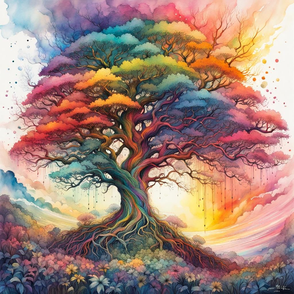 Rainbow tree watercolor