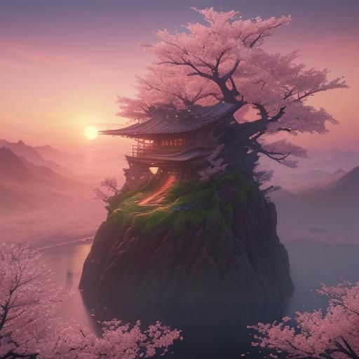 Cherry Blossom Sunset: Detailed Matte Painting