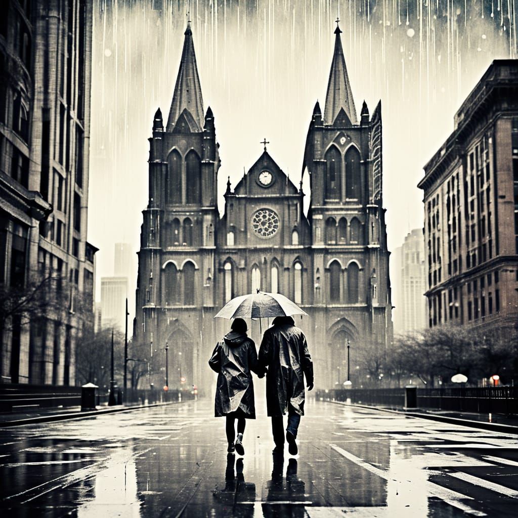 Couple Walking to Cathedral in Gritty Film Style