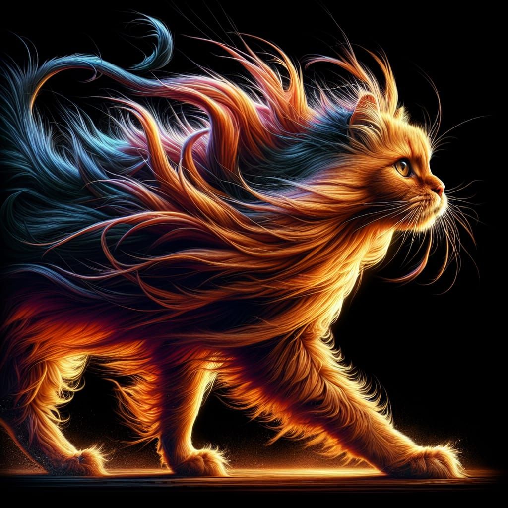 Hyperrealistic Orange Cat Walking Against the Wind